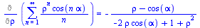 Diff(sum(`/`(`*`(`^`(rho, n), `*`(cos(`*`(n, `*`(alpha))))), `*`(n)), n = 1 .. infinity), rho) = `+`(`-`(`/`(`*`(`+`(rho, `-`(cos(alpha)))), `*`(`+`(`-`(`*`(2, `*`(rho, `*`(cos(alpha))))), 1, `*`(`^`(...