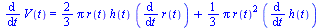 diff(V(t), t) = `+`(`*`(`/`(2, 3), `*`(Pi, `*`(r(t), `*`(h(t), `*`(diff(r(t), t)))))), `*`(`/`(1, 3), `*`(Pi, `*`(`^`(r(t), 2), `*`(diff(h(t), t))))))