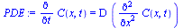 diff(C(x, t), t) = `*`(D, `*`(diff(diff(C(x, t), x), x)))