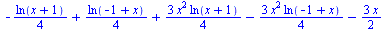 `+`(`-`(`*`(`/`(1, 4), `*`(ln(`+`(x, 1))))), `*`(`/`(1, 4), `*`(ln(`+`(`-`(1), x)))), `*`(`/`(3, 4), `*`(`^`(x, 2), `*`(ln(`+`(x, 1))))), `-`(`*`(`/`(3, 4), `*`(`^`(x, 2), `*`(ln(`+`(`-`(1), x)))))), ...
