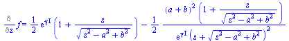 Diff(f, z) = `+`(`*`(`/`(1, 2), `*`(`*`(exp(`*`(gamma, `*`(I))), `*`(`+`(1, `/`(`*`(z), `*`(`^`(`+`(`*`(`^`(z, 2)), `-`(`*`(`^`(a, 2))), `*`(`^`(b, 2))), `/`(1, 2))))))))), `-`(`*`(`/`(1, 2), `*`(`/`(...
