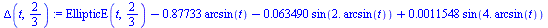 `+`(EllipticE(t, `/`(2, 3)), `-`(`*`(.87733, `*`(arcsin(t)))), `-`(`*`(0.63490e-1, `*`(sin(`+`(`*`(2., `*`(arcsin(t)))))))), `*`(0.11548e-2, `*`(sin(`+`(`*`(4., `*`(arcsin(t))))))))