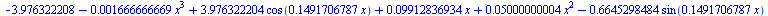 `+`(`-`(3.976322208), `-`(`*`(0.1666666669e-2, `*`(`^`(x, 3)))), `*`(3.976322204, `*`(cos(`+`(`*`(.1491706787, `*`(x)))))), `*`(0.9912836934e-1, `*`(x)), `*`(0.5000000004e-1, `*`(`^`(x, 2))), `-`(`*`(...