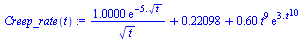 `:=`(Creep_rate(t), `+`(`/`(`*`(1.0000, `*`(exp(`+`(`-`(`*`(5., `*`(`^`(t, `/`(1, 2))))))))), `*`(`^`(t, `/`(1, 2)))), .22098, `*`(.60, `*`(`^`(t, 9), `*`(exp(`+`(`*`(3., `*`(`^`(t, 10))))))))))