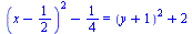 `+`(`*`(`^`(`+`(x, `-`(`/`(1, 2))), 2)), `-`(`/`(1, 4))) = `+`(`*`(`^`(`+`(y, 1), 2)), 2)