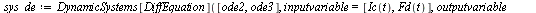 `:=`(sys_de, DynamicSystems[DiffEquation]([ode2, ode3], inputvariable = [Ic(t), Fd(t)], outputvariable = [z(t), v(t)])); -1