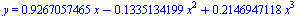 y = `+`(`*`(.9267057465, `*`(x)), `-`(`*`(.1335134199, `*`(`^`(x, 2)))), `*`(.2146947118, `*`(`^`(x, 3))))