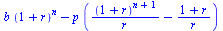 `+`(`*`(b, `*`(`^`(`+`(1, r), n))), `-`(`*`(p, `*`(`+`(`/`(`*`(`^`(`+`(1, r), `+`(n, 1))), `*`(r)), `-`(`/`(`*`(`+`(1, r)), `*`(r))))))))