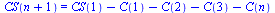 CS(`+`(n, 1)) = `+`(CS(1), `-`(C(1)), `-`(C(2)), `-`(C(3)), `-`(C(n)))