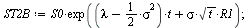 `:=`(ST2B, `*`(S0, `*`(exp(`+`(`*`(`+`(lambda, `-`(`*`(`/`(1, 2), `*`(`^`(sigma, 2))))), `*`(t)), `*`(sigma, `*`(sqrt(t), `*`(R1)))))))); 1