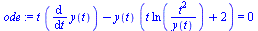 `+`(`*`(t, `*`(diff(y(t), t))), `-`(`*`(y(t), `*`(`+`(`*`(t, `*`(ln(`/`(`*`(`^`(t, 2)), `*`(y(t)))))), 2))))) = 0
