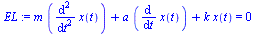 `+`(`*`(m, `*`(diff(diff(x(t), t), t))), `*`(a, `*`(diff(x(t), t))), `*`(k, `*`(x(t)))) = 0