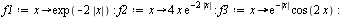 `:=`(f1, proc (x) options operator, arrow; exp(`+`(`-`(`*`(2, `*`(abs(x)))))) end proc); -1; `:=`(f2, proc (x) options operator, arrow; `+`(`*`(4, `*`(x, `*`(exp(`+`(`-`(`*`(2, `*`(abs(x)))))))))) end...