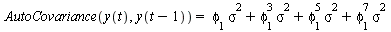 AutoCovariance(y(t), y(`+`(t, `-`(1)))) = `+`(`*`(phi[1], `*`(`^`(sigma, 2))), `*`(`^`(phi[1], 3), `*`(`^`(sigma, 2))), `*`(`^`(phi[1], 5), `*`(`^`(sigma, 2))), `*`(`^`(phi[1], 7), `*`(`^`(sigma, 2)))...