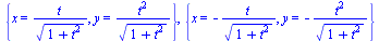 {x = `/`(`*`(t), `*`(`^`(`+`(1, `*`(`^`(t, 2))), `/`(1, 2)))), y = `/`(`*`(`^`(t, 2)), `*`(`^`(`+`(1, `*`(`^`(t, 2))), `/`(1, 2))))}, {x = `+`(`-`(`/`(`*`(t), `*`(`^`(`+`(1, `*`(`^`(t, 2))), `/`(1, 2)...