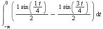 Int(`+`(`/`(`*`(sin(`/`(`*`(t), `*`(4)))), `*`(2)), `-`(`/`(`*`(sin(`/`(`*`(3, `*`(t)), `*`(4)))), `*`(2)))), t = `+`(`-`(pi)) .. 0)