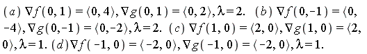 a*Nabla(f(0, 1)) = `<,>`(0, 4), Nabla(g(0, 1)) = `<,>`(0, 2), lambda = 2.*b*Nabla(f(0, -1)) and 2.*b*Nabla(f(0, -1)) = `<,>`(0, -4), Nabla(g(0, -1)) = `<,>`(0, -2), lambda = 2.*c*Nabla(f(1, 0)) and 2.*c*Nabla(f(1, 0)) = `<,>`(2, 0), Nabla(g(1, 0)) = `<,>`(2, 0), lambda = 1.*d*Nabla(f(-1, 0)) and 1.*d*Nabla(f(-1, 0)) = `<,>`(-2, 0), Nabla(g(-1, 0)) = `<,>`(-2, 0), lambda = 1.