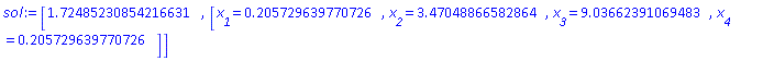 [1.72485230854216631, [x__1 = HFloat(0.20572963977072647), x__2 = HFloat(3.4704886658286433), x__3 = HFloat(9.036623910694827), x__4 = HFloat(0.20572963977072622)]]